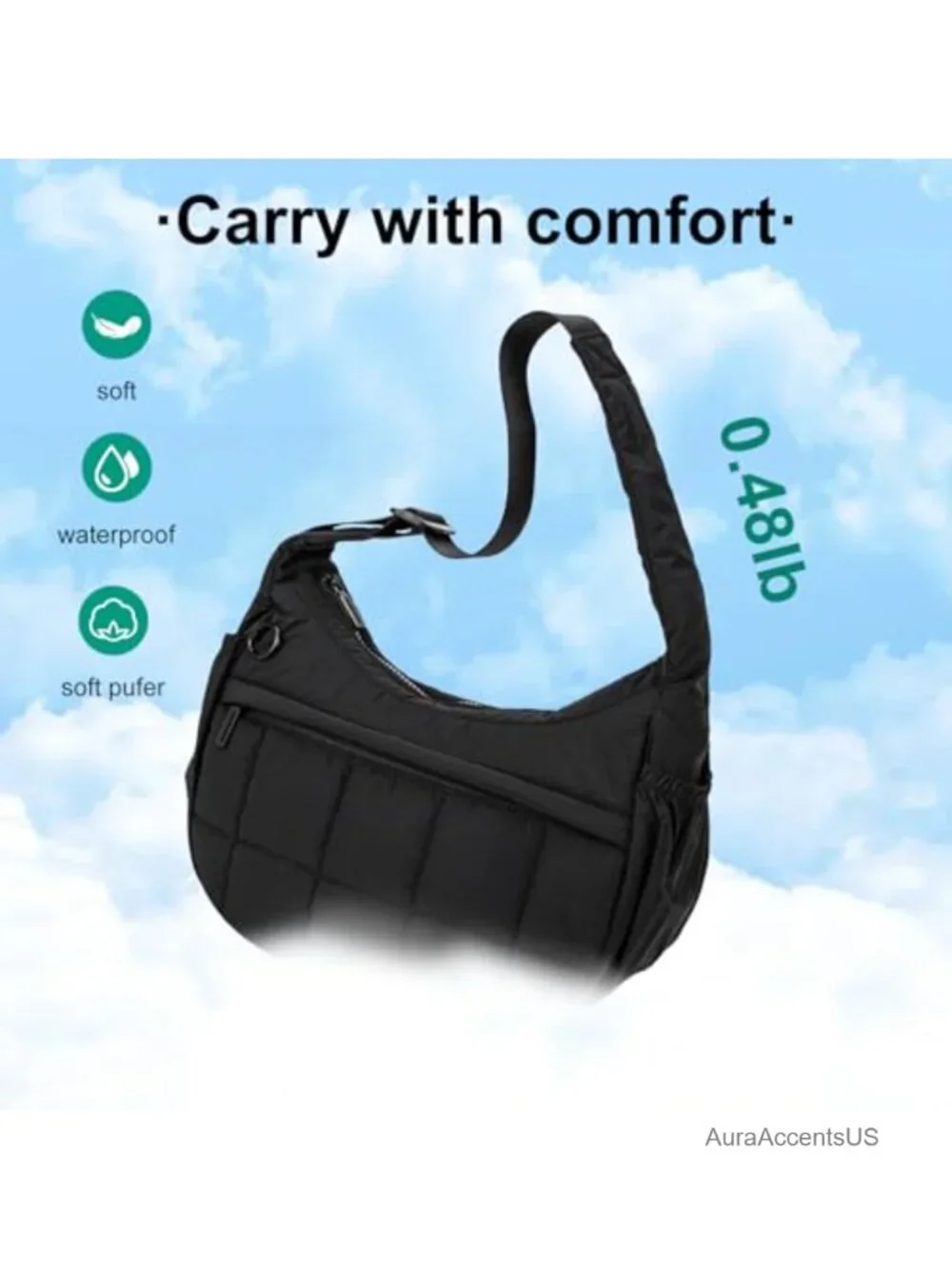 Quilted Puffer Crescent Hobo Bag with Adjustable Strap - Small Shoulder Bag
